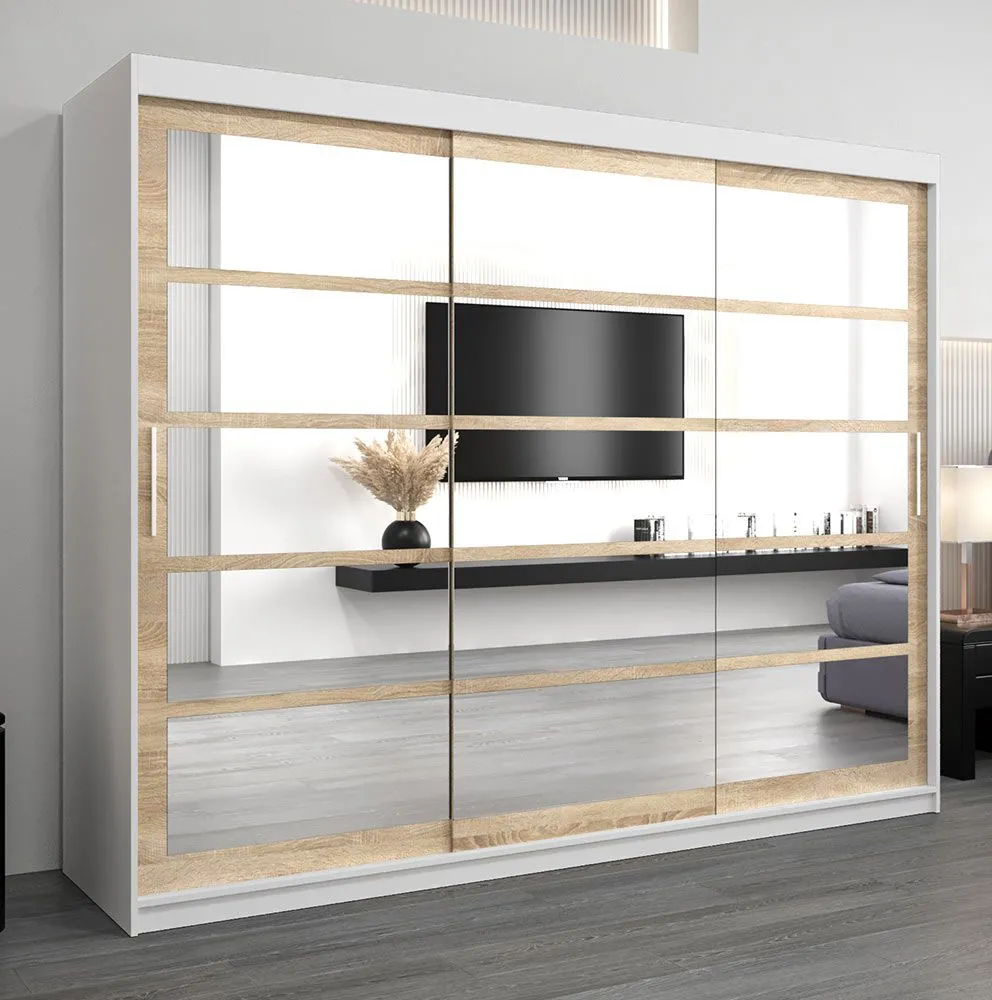 Schiebetürenschrank / Kleiderschrank Aizkorri 06B mit Spiegel, Farbe: Weiß matt / Eiche Sonoma - Abmessungen: 200 x 250 x 62 cm ( H x B x T)