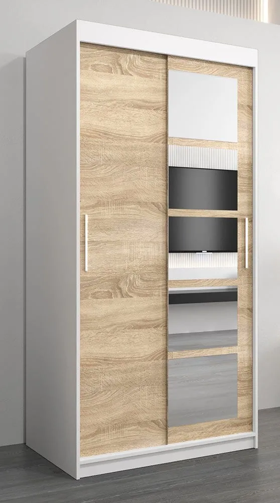 Schiebetürenschrank / Kleiderschrank Aizkorri 01A mit Spiegel, Farbe: Weiß matt / Eiche Sonoma - Abmessungen: 200 x 100 x 62 cm (H x B x T)