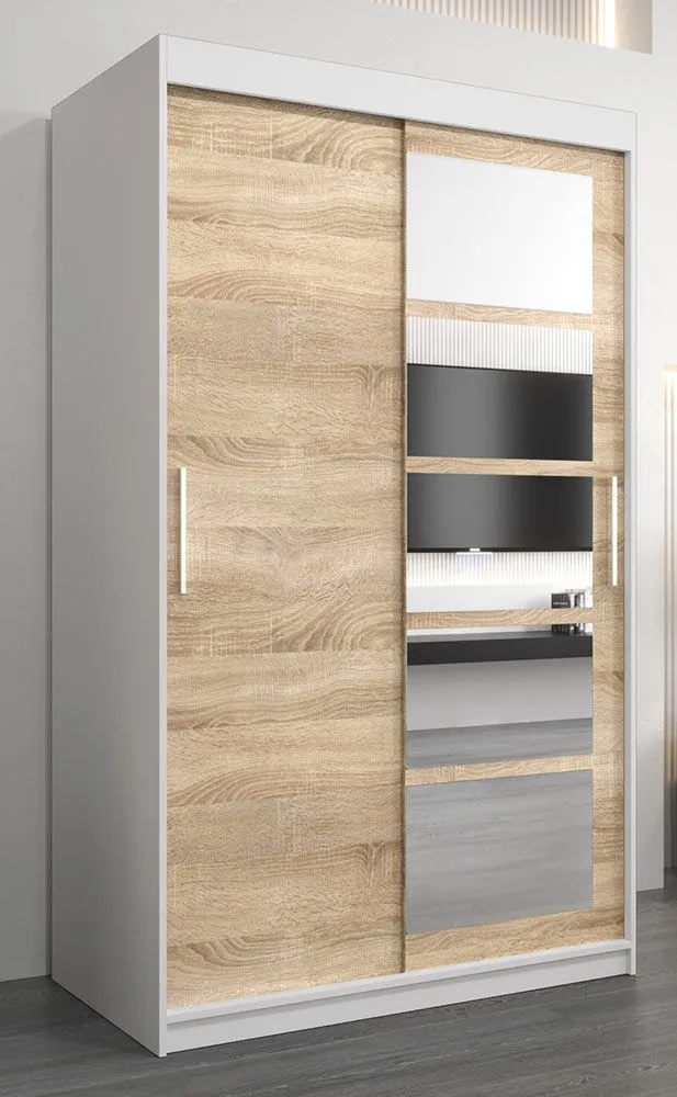 Schiebetürenschrank / Kleiderschrank Aizkorri 02A mit Spiegel, Farbe: Weiß matt / Eiche Sonoma - Abmessungen: 200 x 120 x 62 cm (H x B x T)
