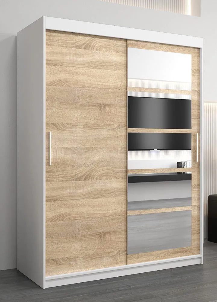 Schiebetürenschrank / Kleiderschrank Aizkorri 03A mit Spiegel, Farbe: Weiß matt / Eiche Sonoma - Abmessungen: 200 x 150 x 62 cm (H x B x T)