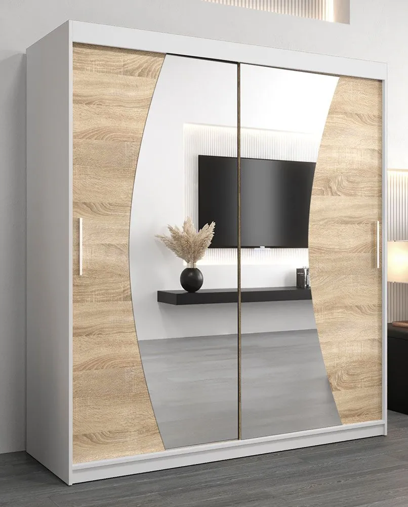 Schiebetürenschrank / Kleiderschrank Combin 04 mit Spiegel, Farbe: Weiß matt / Eiche Sonoma - Abmessungen: 200 x 180 x 62 cm (H x B x T)