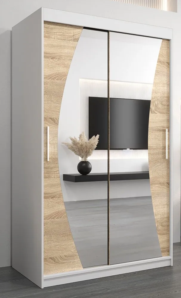Schiebetürenschrank / Kleiderschrank Combin 02 mit Spiegel, Farbe: Weiß matt / Eiche Sonoma - Abmessungen: 200 x 120 x 62 cm (H x B x T)