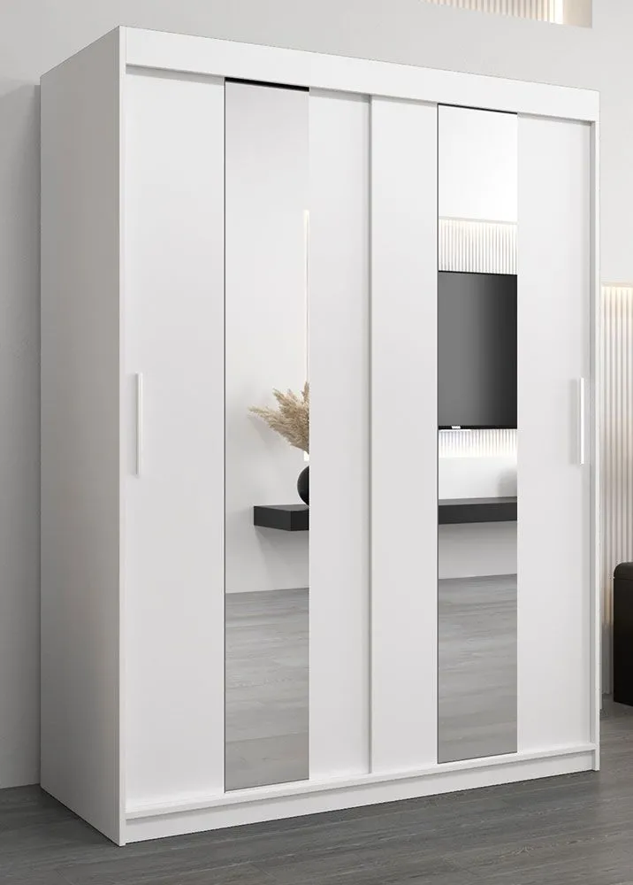 Schiebetürenschrank / Kleiderschrank Polos 03 mit Spiegel, Farbe: Weiß matt - Abmessungen: 200 x 150 x 62 cm (H x B x T)