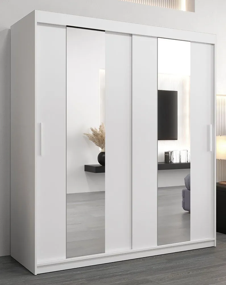 Schiebetürenschrank / Kleiderschrank Polos 04 mit Spiegel, Farbe: Weiß matt - Abmessungen: 200 x 180 x 62 cm (H x B x T)
