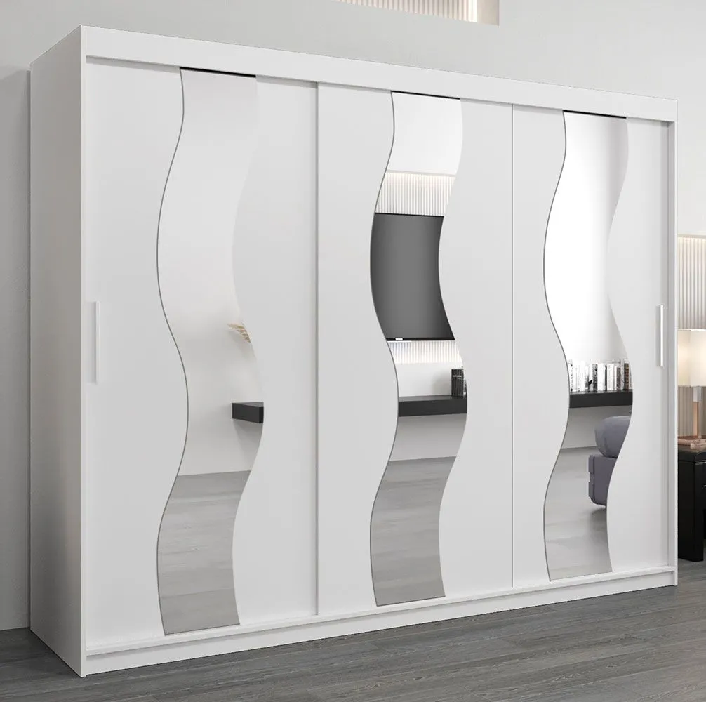 Schiebetürenschrank / Kleiderschrank Hacho 06 mit Spiegel, Farbe: Weiß matt - Abmessungen: 200 x 250 x 62 cm ( H x B x T)