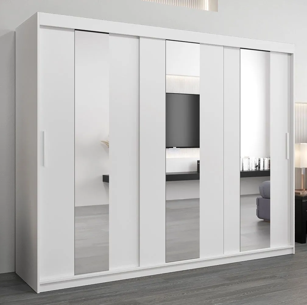 Schiebetürenschrank / Kleiderschrank Polos 06 mit Spiegel, Farbe: Weiß matt - Abmessungen: 200 x 250 x 62 cm (H x B x T)