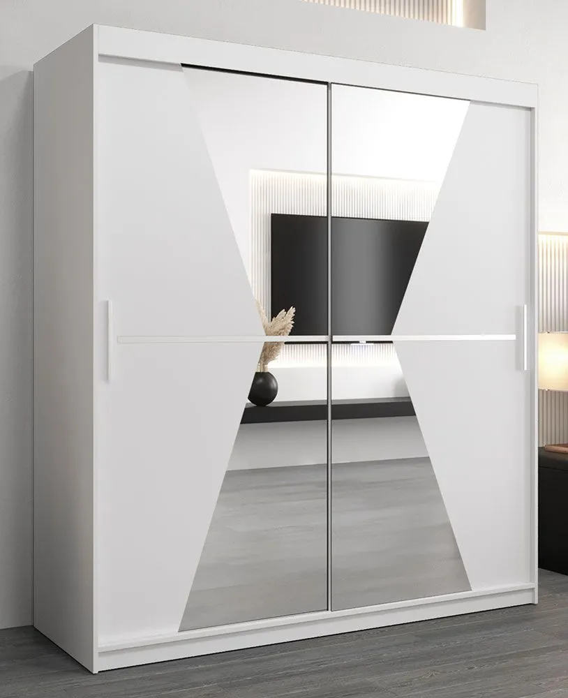 Schiebetürenschrank / Kleiderschrank Naranco 04 mit Spiegel, Farbe: Weiß matt - Abmessungen: 200 x 180 x 62 cm ( H x B x T )