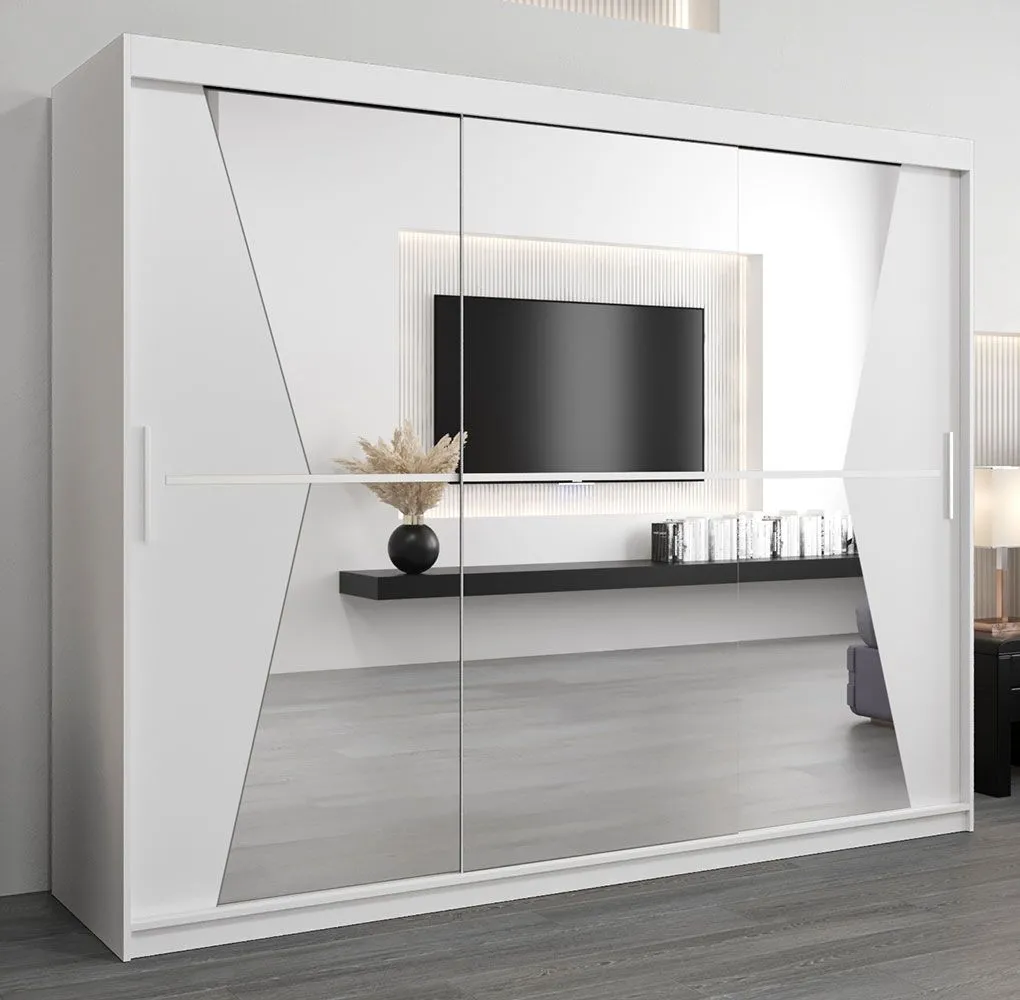 Schiebetürenschrank / Kleiderschrank Naranco 06 mit Spiegel, Farbe: Weiß matt - Abmessungen: 200 x 250 x 62 cm ( H x B x T )