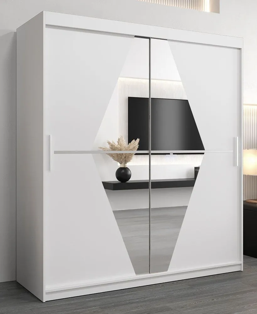 Schiebetürenschrank / Kleiderschrank Alphubel 04 mit Spiegel, Farbe: Weiß Matt - Abmessungen: 200 x 180 x 62 cm ( H x B x T)
