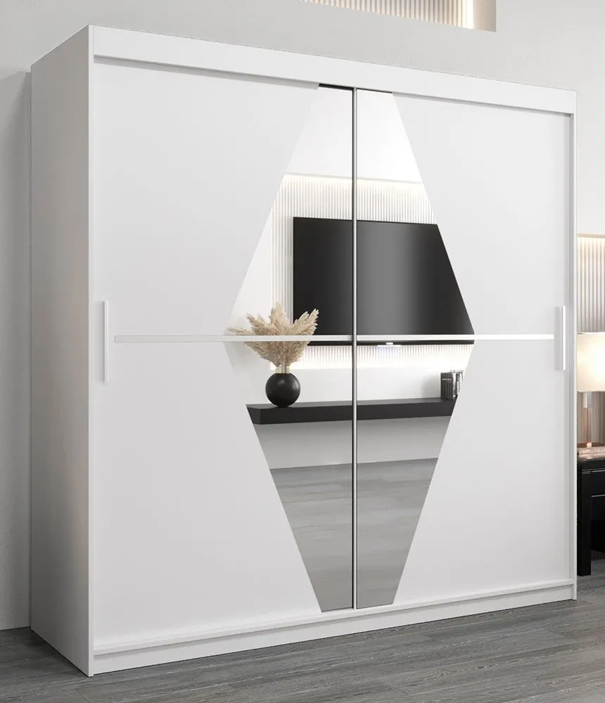 Schiebetürenschrank / Kleiderschrank Alphubel 05 mit Spiegel, Farbe: Weiß Matt - Abmessungen: 200 x 200 x 62 cm ( H x B x T)