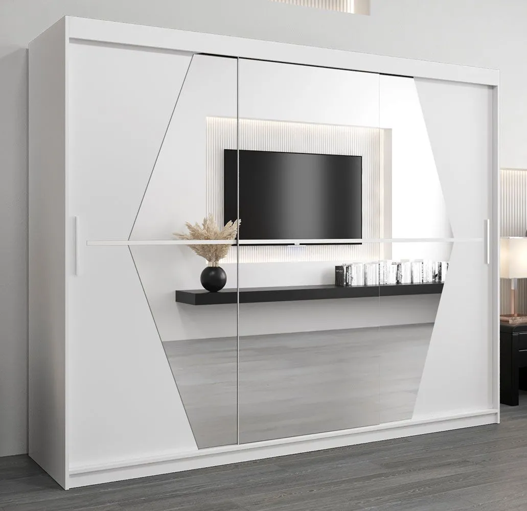 Schiebetürenschrank / Kleiderschrank Alphubel 06 mit Spiegel, Farbe: Weiß Matt - Abmessungen: 200 x 250 x 62 cm ( H x B x T)