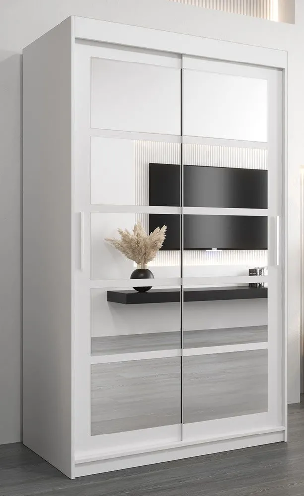 Schiebetürenschrank / Kleiderschrank Aizkorri 02B mit Spiegel, Farbe: Weiß matt - Abmessungen: 200 x 120 x 62 cm (H x B x T)