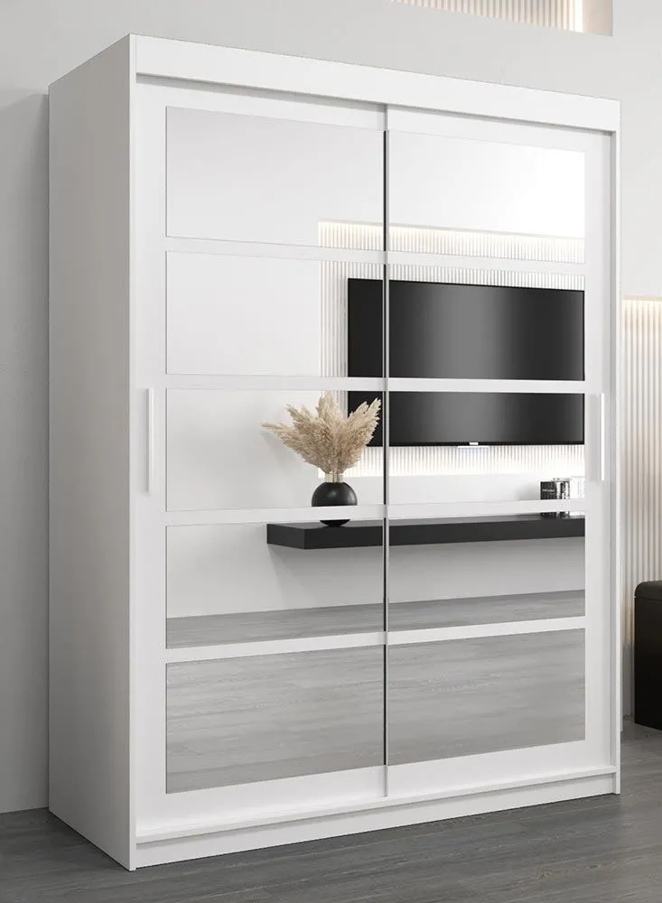 Schiebetürenschrank / Kleiderschrank Aizkorri 03B mit Spiegel, Farbe: Weiß matt - Abmessungen: 200 x 150 x 62 cm (H x B x T)