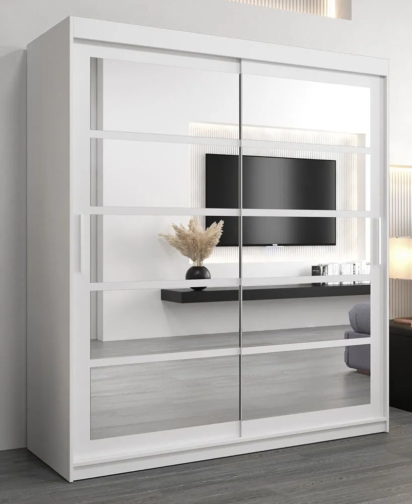 Schiebetürenschrank / Kleiderschrank Aizkorri 04B mit Spiegel, Farbe: Weiß matt - Abmessungen: 200 x 180 x 62 cm (H x B x T)