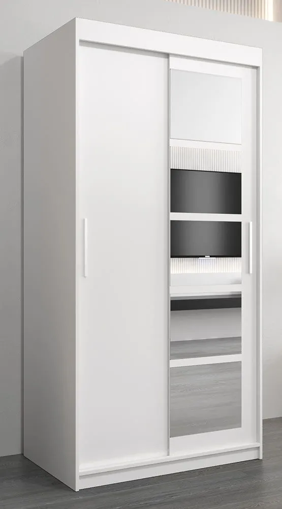 Schiebetürenschrank / Kleiderschrank Aizkorri 01A mit Spiegel, Farbe: Weiß matt - Abmessungen: 200 x 100 x 62 cm (H x B x T)