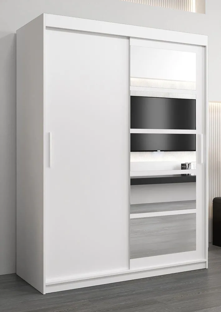 Schiebetürenschrank / Kleiderschrank Aizkorri 03A mit Spiegel, Farbe: Weiß matt - Abmessungen: 200 x 150 x 62 cm (H x B x T)