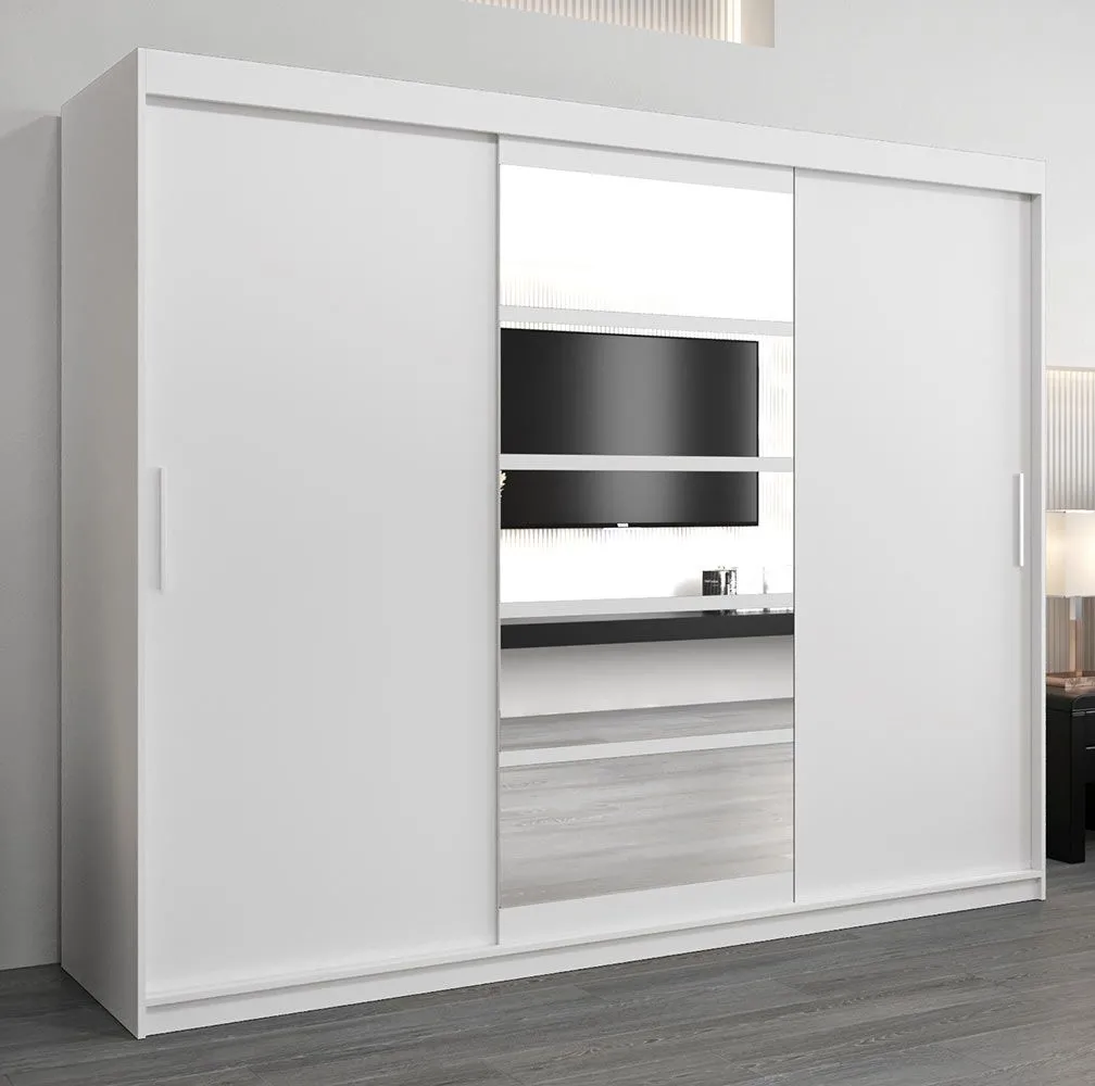 Schiebetürenschrank / Kleiderschrank Aizkorri 06A mit Spiegel, Farbe: Weiß matt - Abmessungen: 200 x 250 x 62 cm (H x B x T)