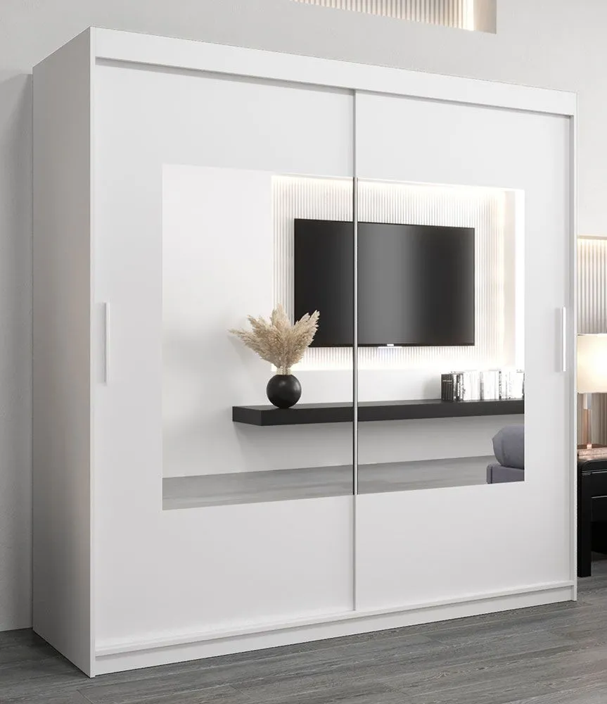 Schiebetürenschrank / Kleiderschrank Claveles 05 mit Spiegel, Farbe: Weiß matt - Abmessungen: 200 x 200 x 62 cm ( H x B x T)