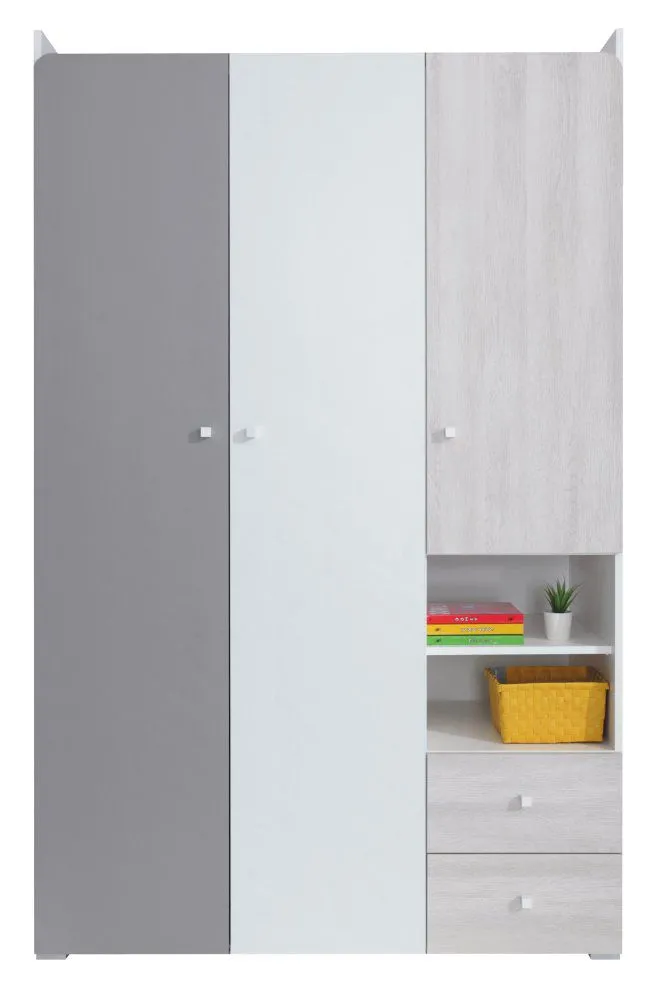 Jugendzimmer - Drehtürenschrank / Kleiderschrank Floreffe 01, Farbe: Weiß / Eiche weiß / Grau - Abmessungen: 190 x 120 x 50 cm (H x B x T)