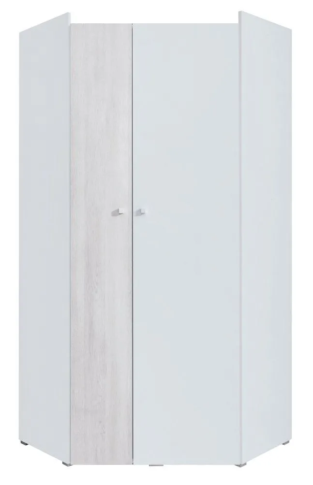 Jugendzimmer - Drehtürenschrank / Eckkleiderschrank Floreffe 02, Farbe: Weiß / Eiche weiß - Abmessungen: 190 x 90 x 90 cm (H x B x T)