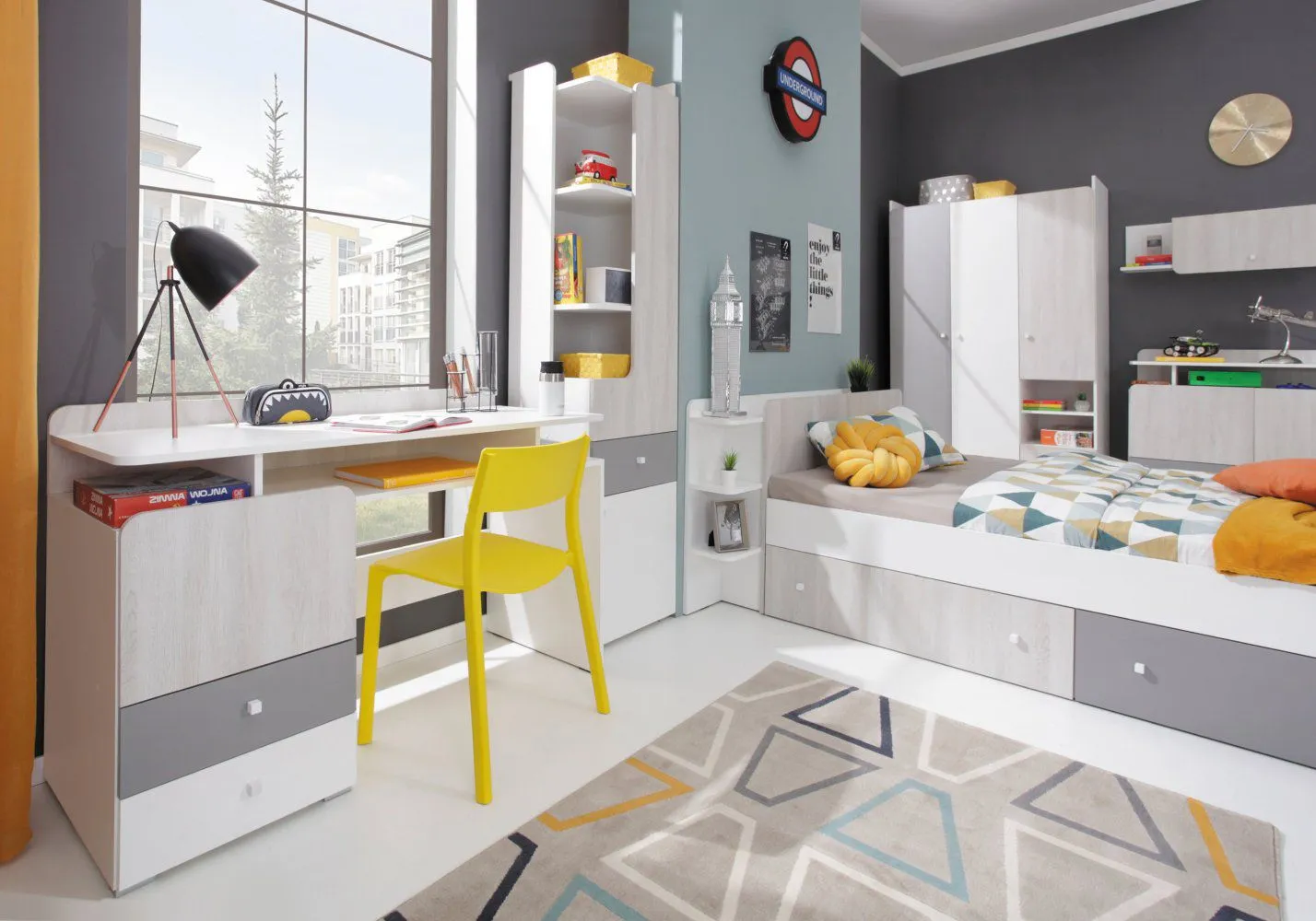 Jugendzimmer Kinderzimmer Komplett - Set B Floreffe, 6-teilig, Farbe: Weiß / Eiche weiß / Grau