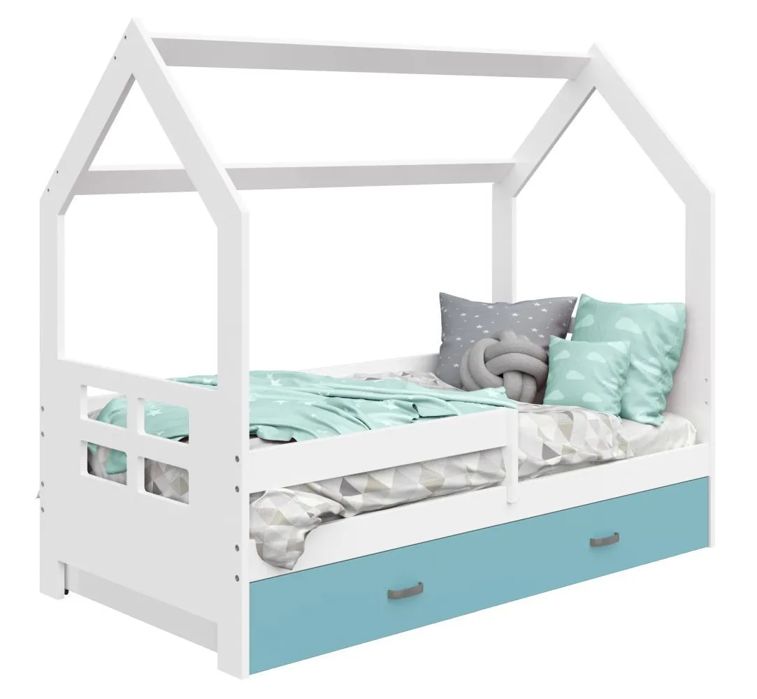 Kinderbett / Hausbett Kiefer Vollholz massiv weiß lackiert D3D, Schublade: Blau, inkl. Lattenrost - Liegefläche: 80 x 160 cm (B x L)