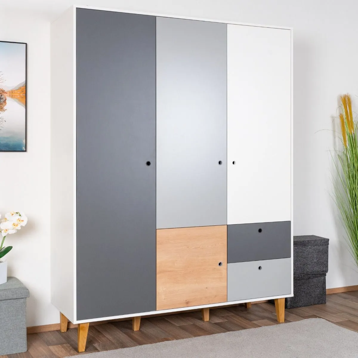 Jugendzimmer - Drehtürenschrank / Kleiderschrank Syrina 05, Farbe: Weiß / Grau / Eiche - Abmessungen: 202 x 153 x 55 cm (H x B x T)