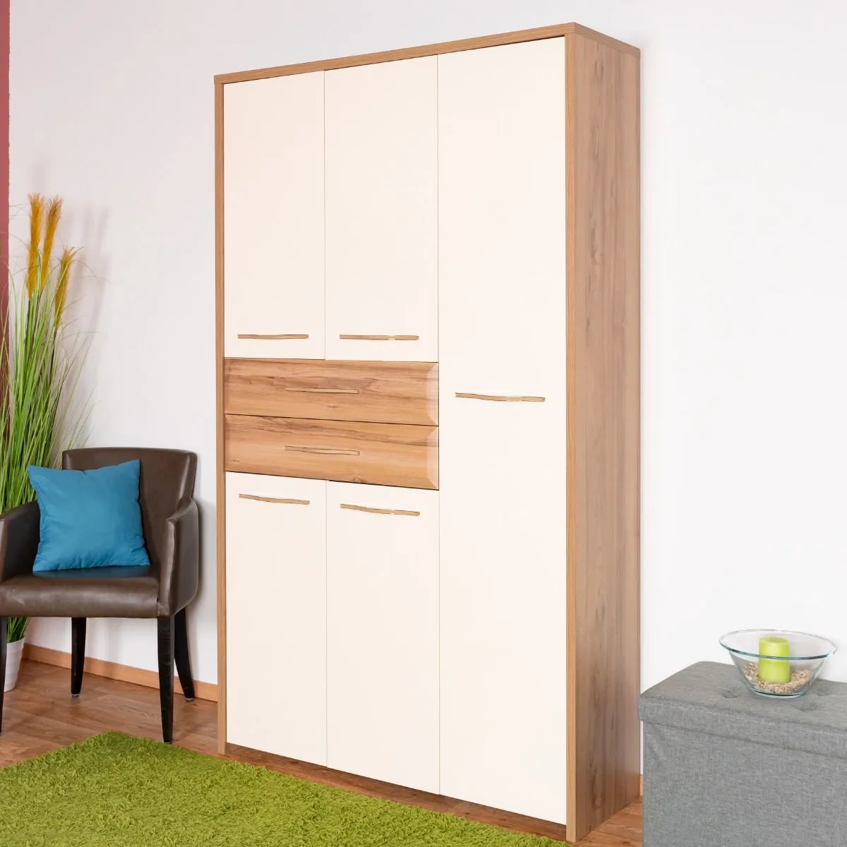 Drehtürenschrank / Kleiderschrank Gataivai 22, Farbe: Beige Hochglanz / Walnuss - 192 x 114 x 36 cm (H x B x T)