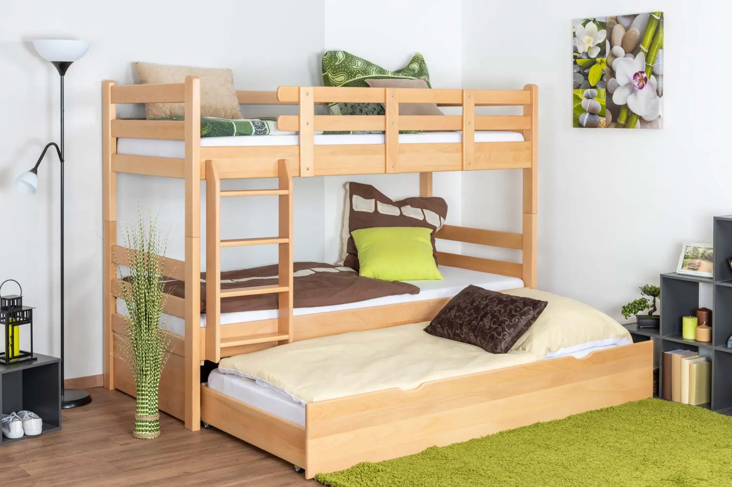 Stockbett für Erwachsene "Easy Premium Line" K20/h inkl. Liegeplatz und 2 Abdeckblenden, Kopf- und Fußteil gerade, Buche Vollholz massiv Natur - Liegefläche: 90 x 200 cm (B x L), teilbar