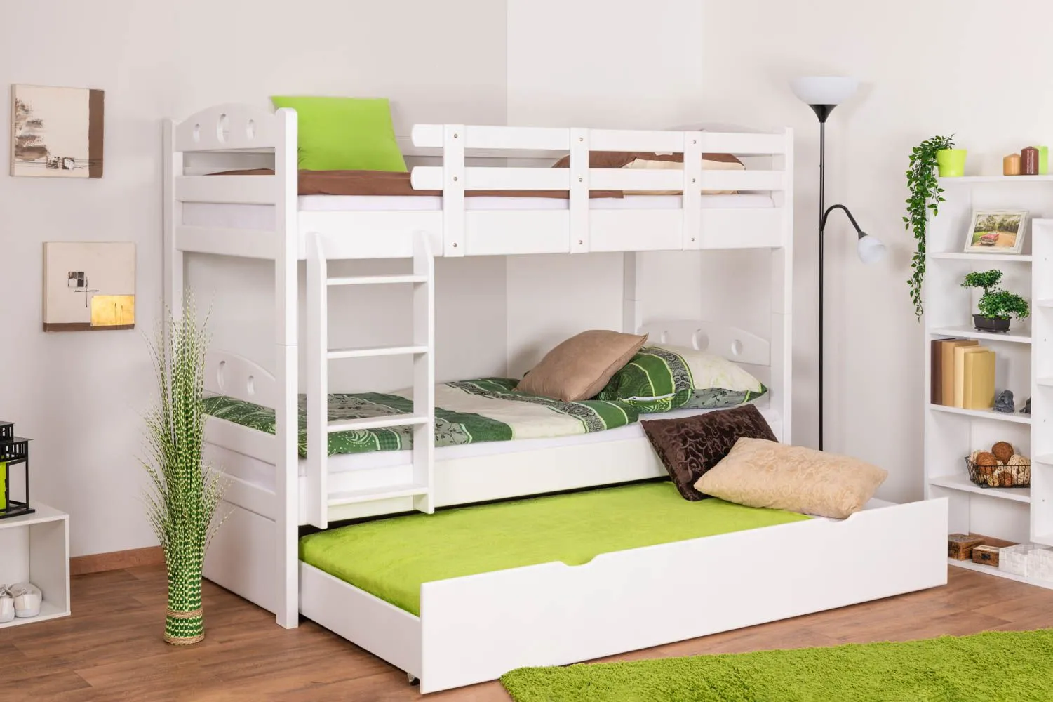 Stockbett für Erwachsene "Easy Premium Line" K19/h inkl. Liegeplatz und 2 Abdeckblenden, Kopf- und Fußteil mit Löchern, Buche Vollholz massiv Weiß - 90 x 200 cm (B x L), teilbar