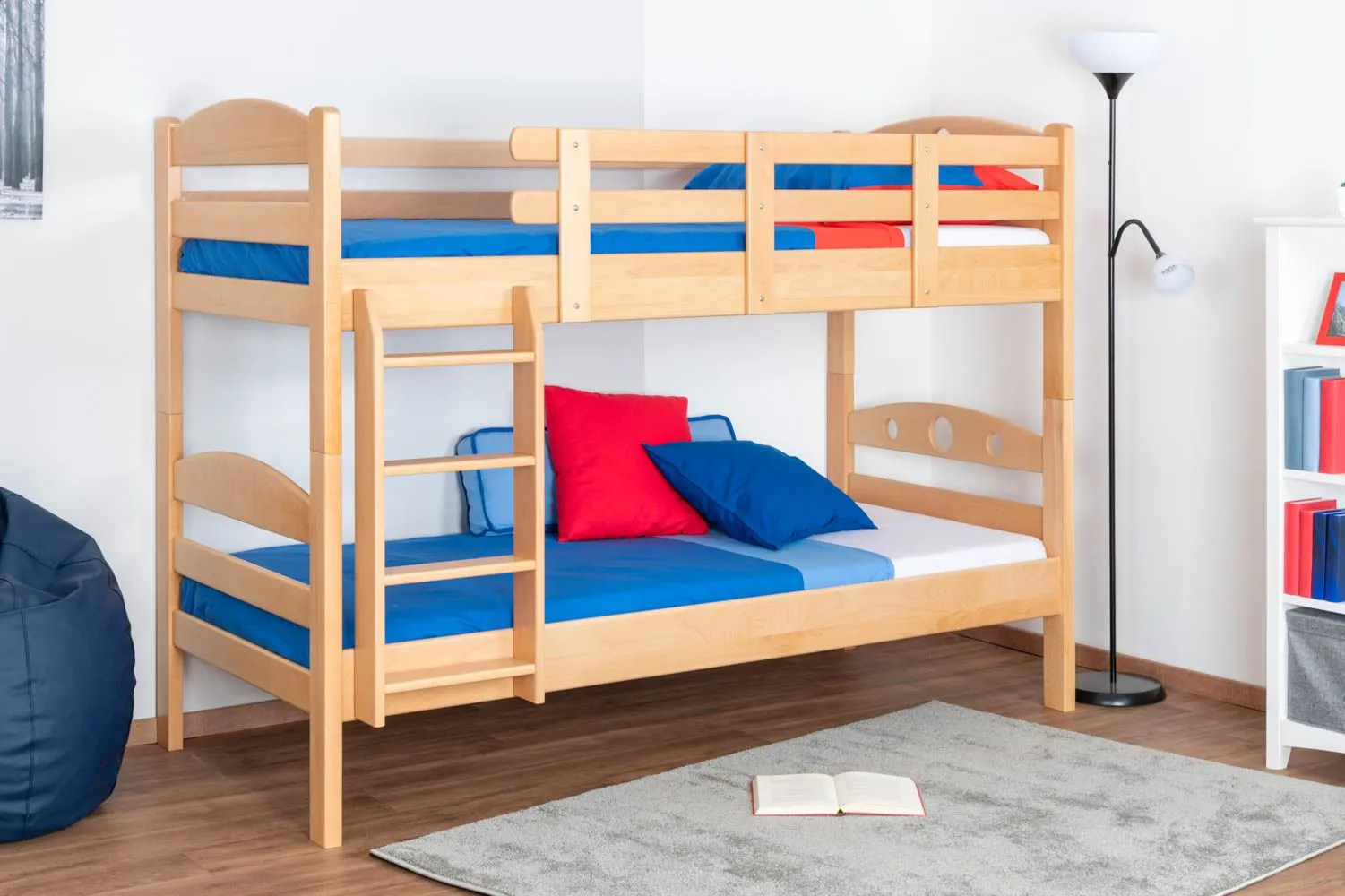 Etagenbett / Stockbett "Easy Premium Line" K18/n, Kopfteil mit Löchern, Buche Vollholz massiv Natur - 90 x 200 cm, (L x B) teilbar