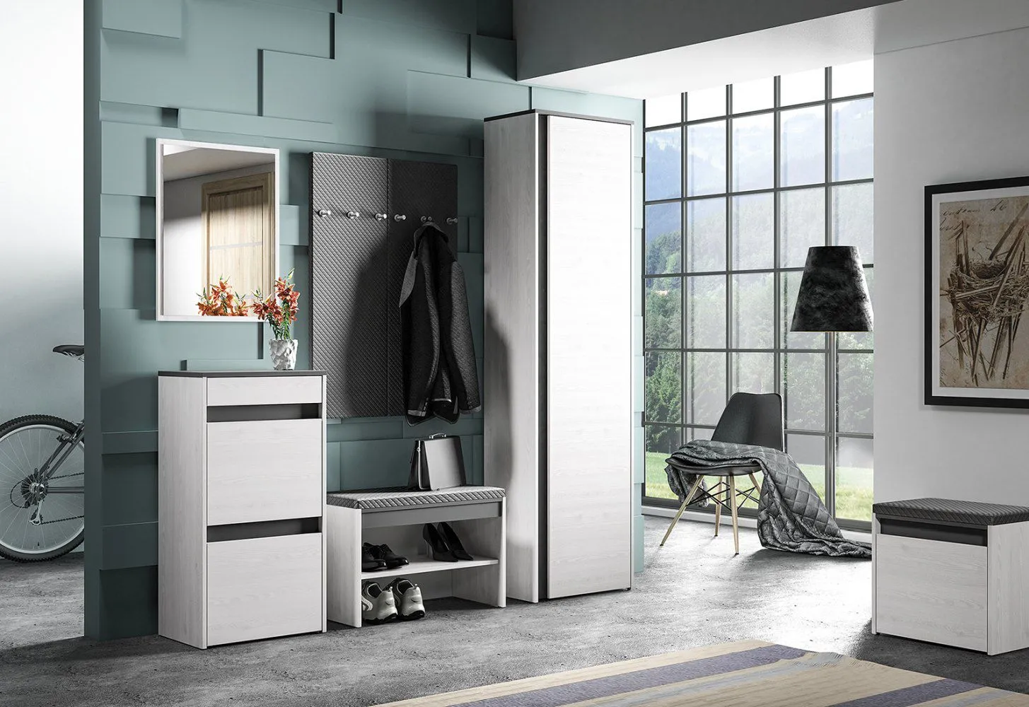 Garderoben Komplett - Set A Fjends, 7-teilig, Farbe: Kiefer weiß / Anthrazit