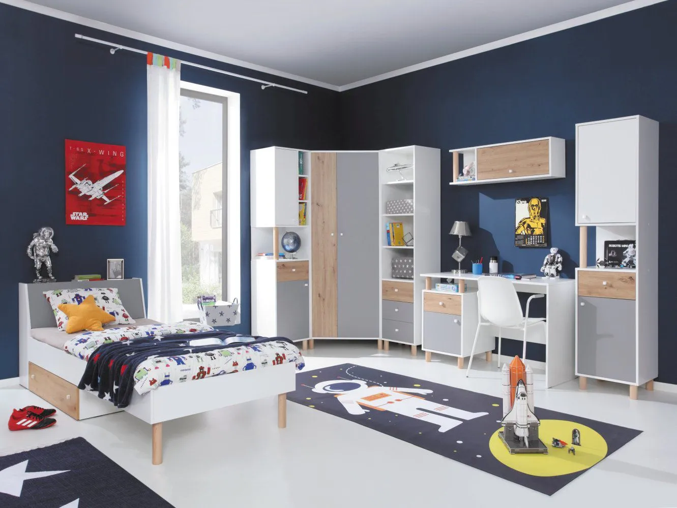 Jugendzimmer Kinderzimmer Komplett - Set A Burdinne, 7-teilig, Farbe: Weiß / Eiche / Grau
