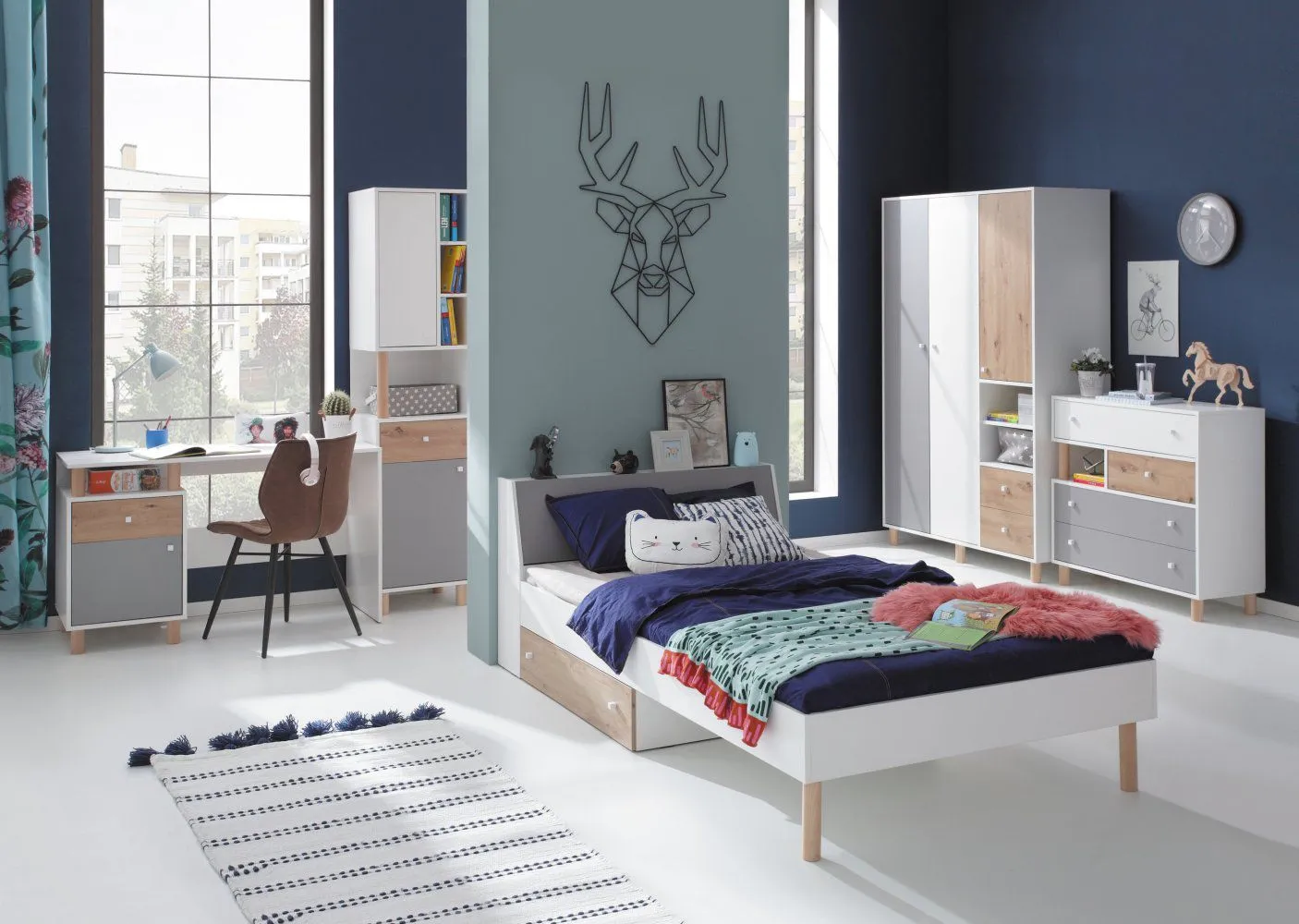 Jugendzimmer Kinderzimmer Komplett - Set C Burdinne, 5-teilig, Farbe: Weiß / Eiche / Grau