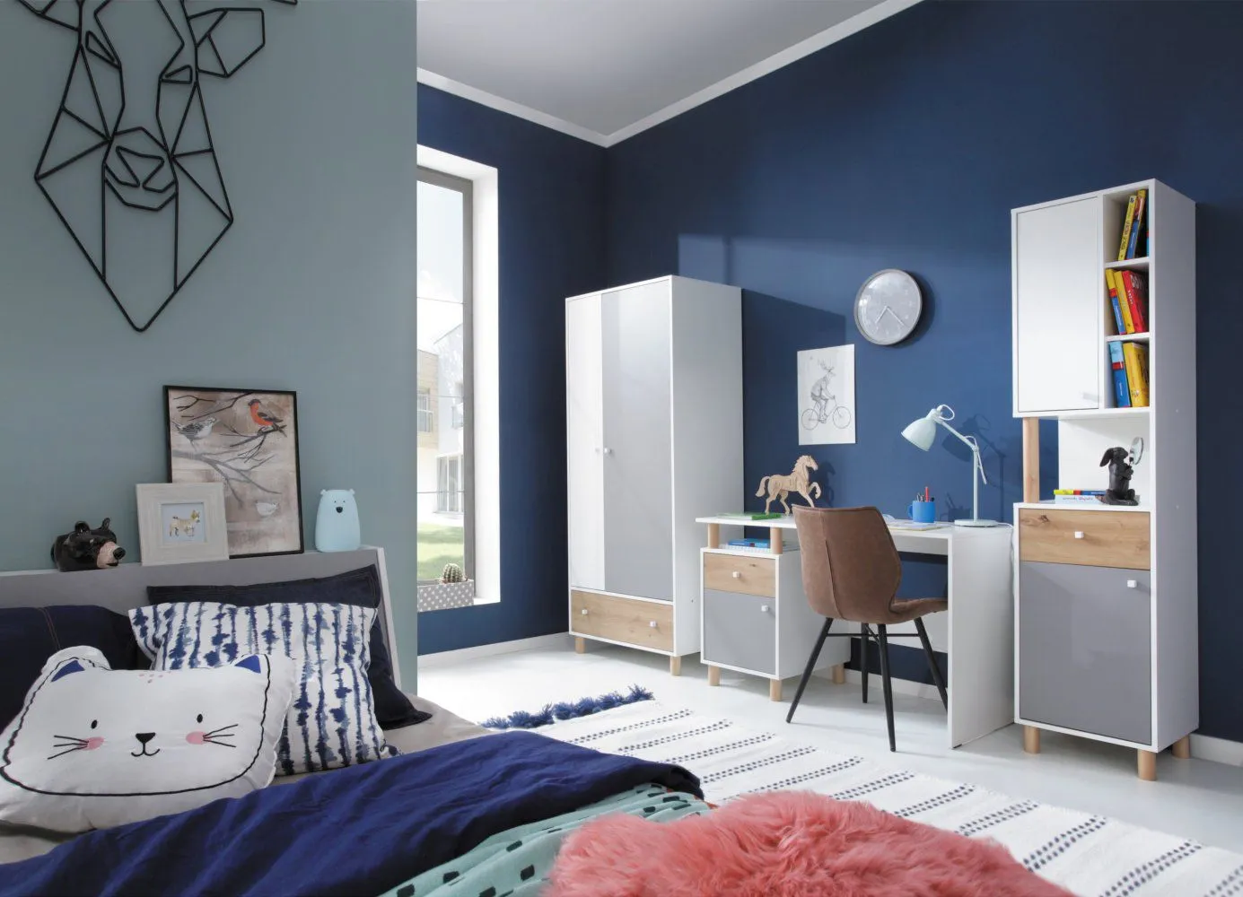 Jugendzimmer Kinderzimmer Komplett - Set F Burdinne, 4-teilig, Farbe: Weiß / Eiche / Grau