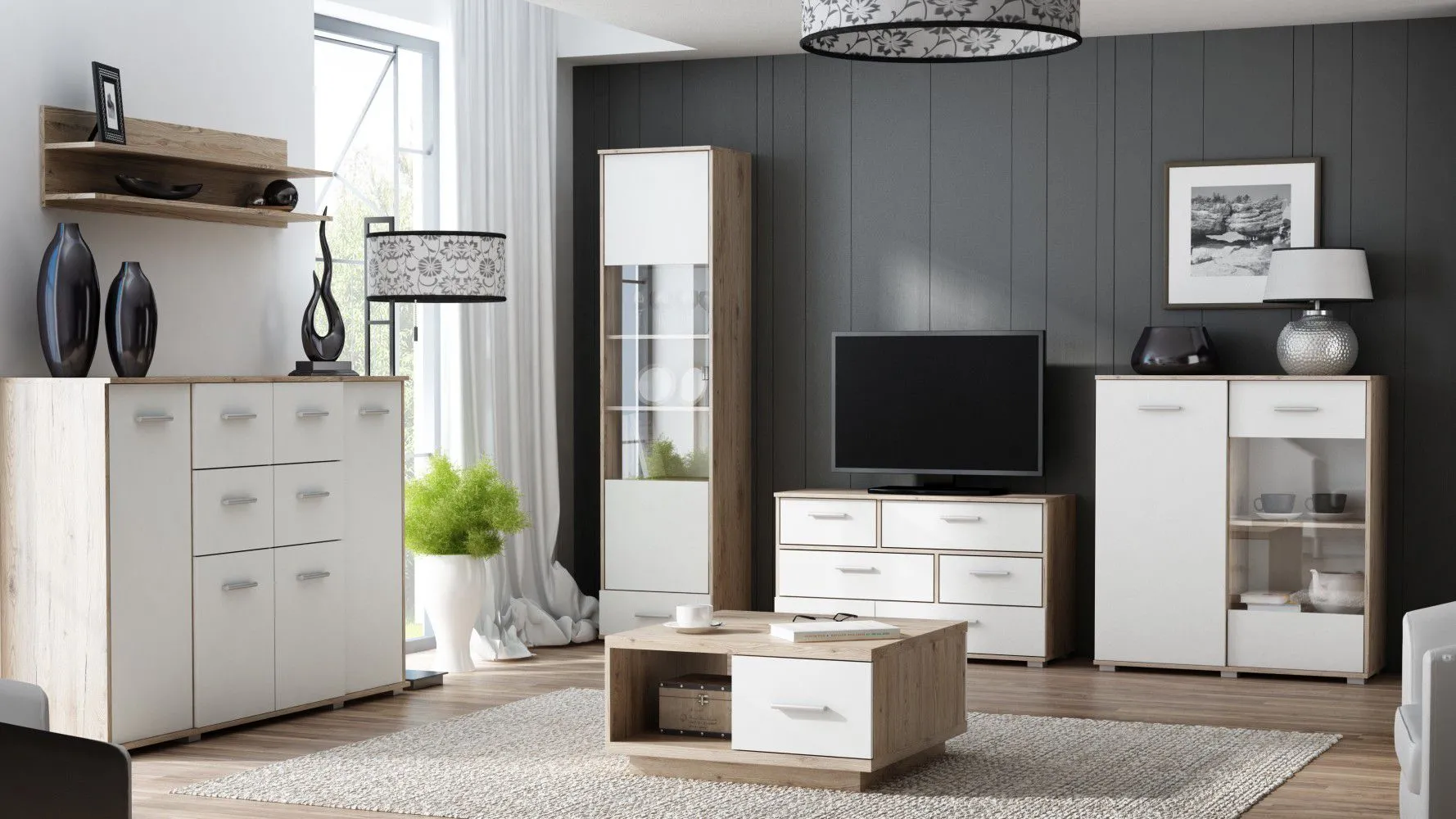 Wohnzimmer Komplett - Set A Kavieng, 6-teilig, Farbe: Eiche / Weiß