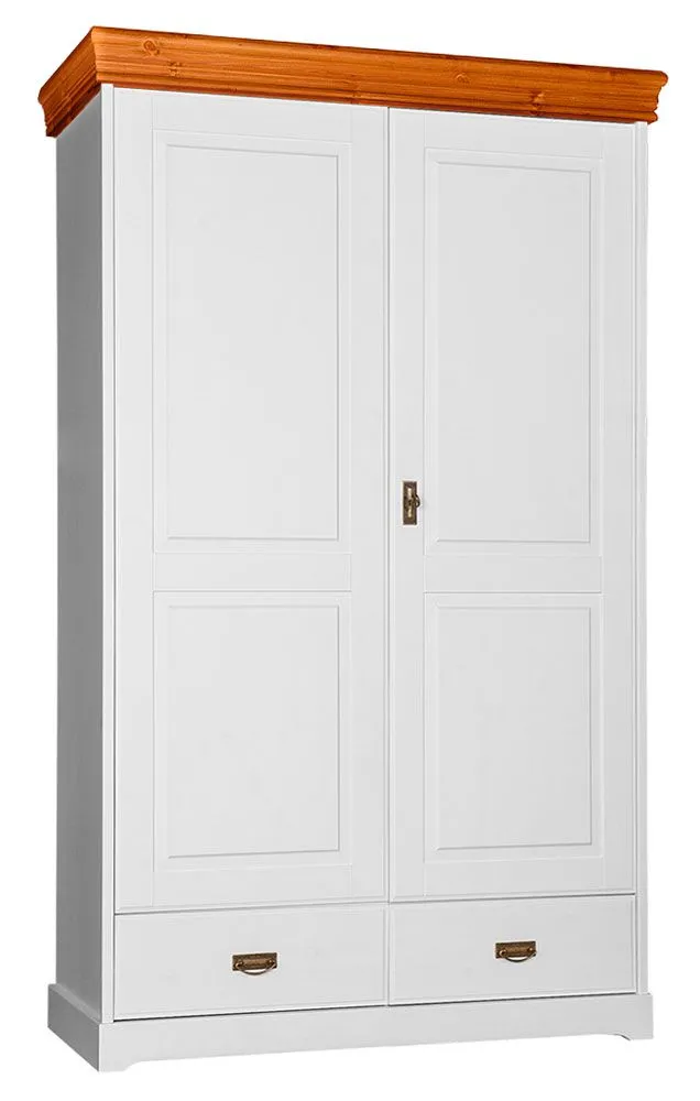 Drehtürenschrank / Kleiderschrank Jabron 03, Kiefer massiv Vollholz, Farbe: Weiß / Kiefer - 218 x 132 x 62 cm (H x B x T)