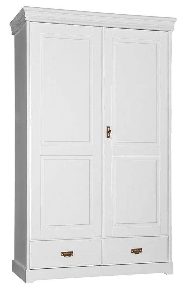 Drehtürenschrank / Kleiderschrank Jabron 03, Kiefer massiv Vollholz, weiß lackiert - 218 x 132 x 62 cm (H x B x T)