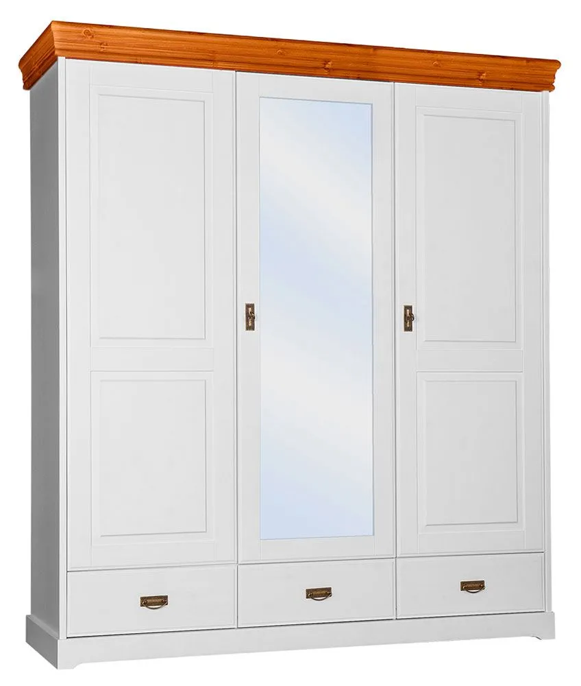 Drehtürenschrank / Kleiderschrank Jabron 04, Kiefer massiv Vollholz, Farbe: Weiß / Kiefer - 218 x 193 x 62 cm (H x B x T)