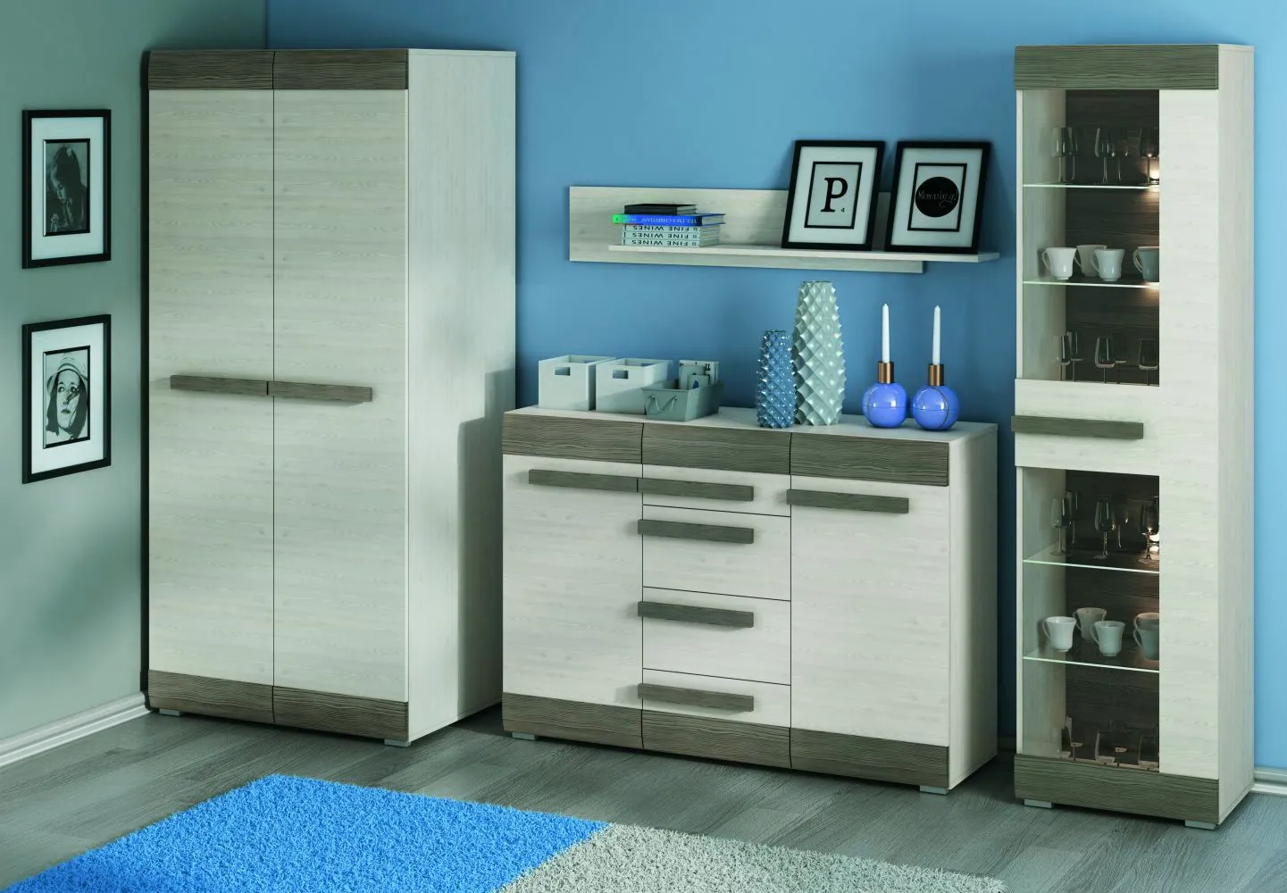 Wohnzimmer Komplett - Set K Knoxville, 4-teilig, Farbe: Kiefer Weiß / Grau