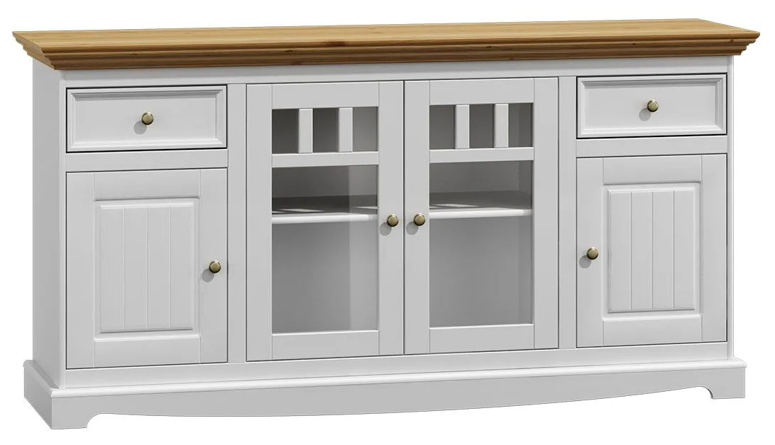 Kommode Gyronde 03, Kiefer massiv Vollholz, Farbe: Weiß / Eiche - 85 x 167 x 45 cm (H x B x T)