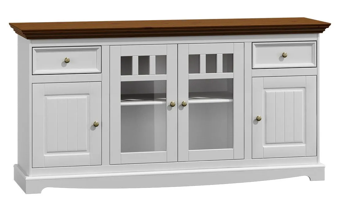 Kommode Gyronde 03, Kiefer massiv Vollholz, Farbe: Weiß / Walnuss - 85 x 167 x 45 cm (H x B x T)