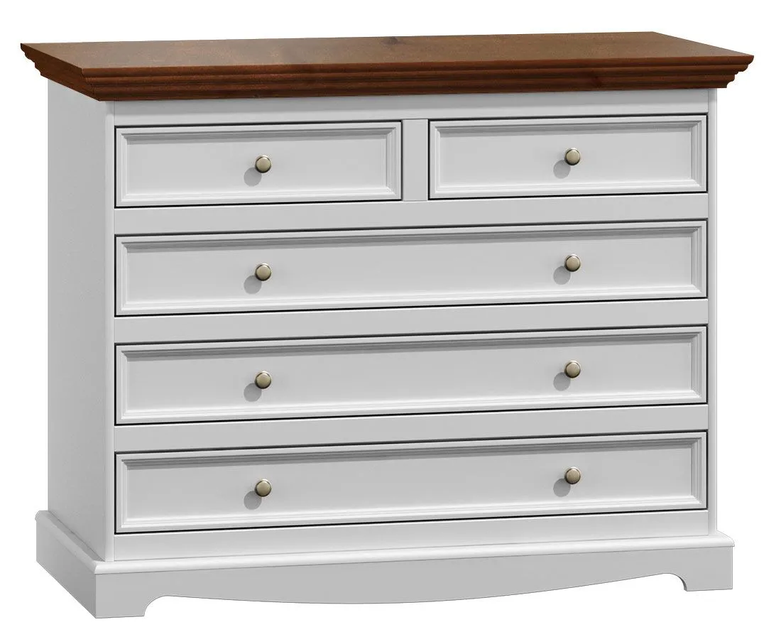 Kommode Gyronde 05, Kiefer massiv Vollholz, Farbe: Weiß / Walnuss - 88 x 112 x 45 cm (H x B x T)