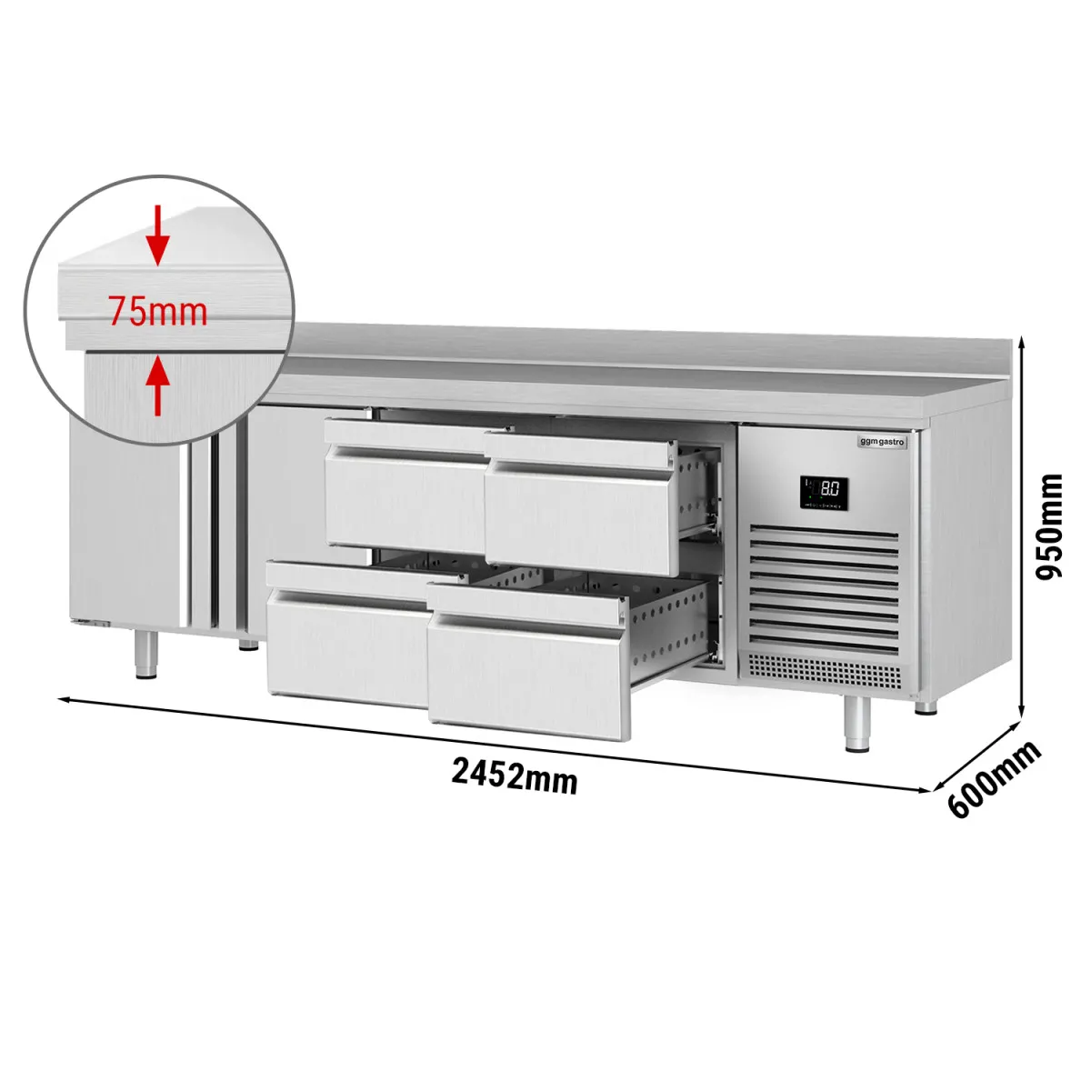 Kühltisch PREMIUM PLUS - 2452x600mm - mit 2 Türen & 4 Schubladen & mit Aufkantung
