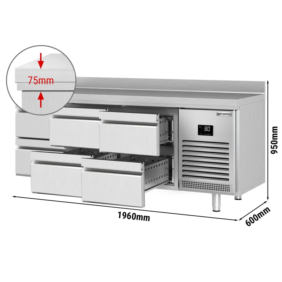 Kühltisch PREMIUM PLUS - 1960x600mm - 6 Schubladen & Aufkantung