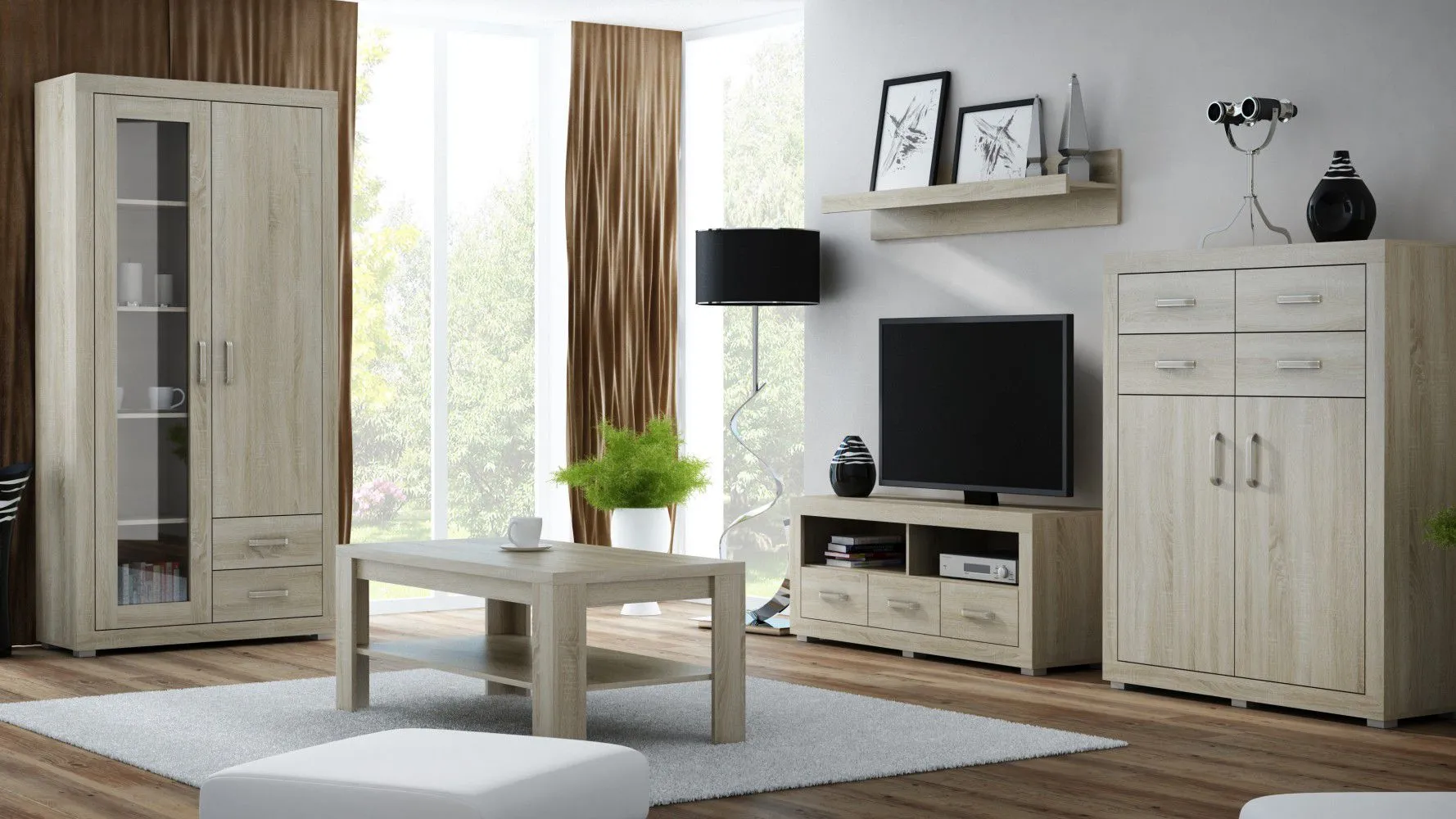 Wohnzimmer Komplett - Set A Lorengau, 5-teilig, Farbe: Sonoma Eiche