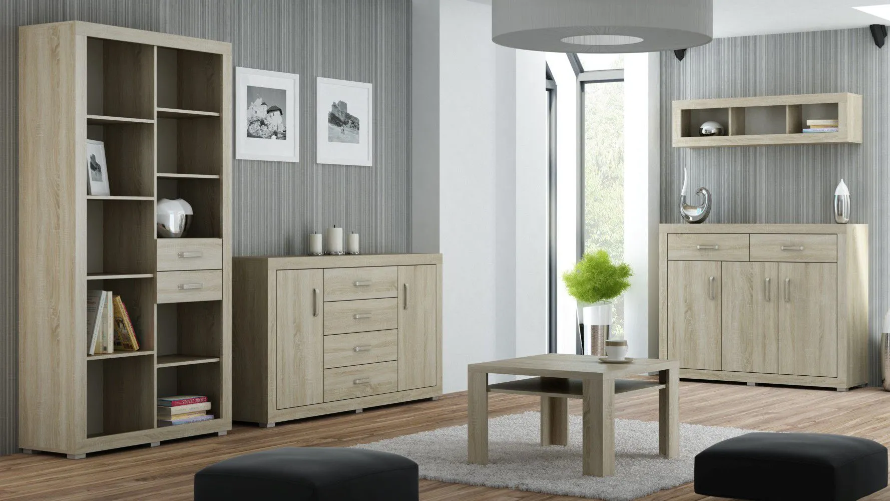 Wohnzimmer Komplett - Set B Lorengau, 5-teilig, Farbe: Sonoma Eiche