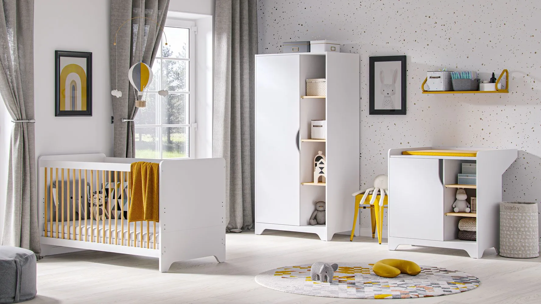 Kinderzimmer Babyzimmer Komplett - Set A Majvi, 3-teilig, Farbe: Weiß / Eiche