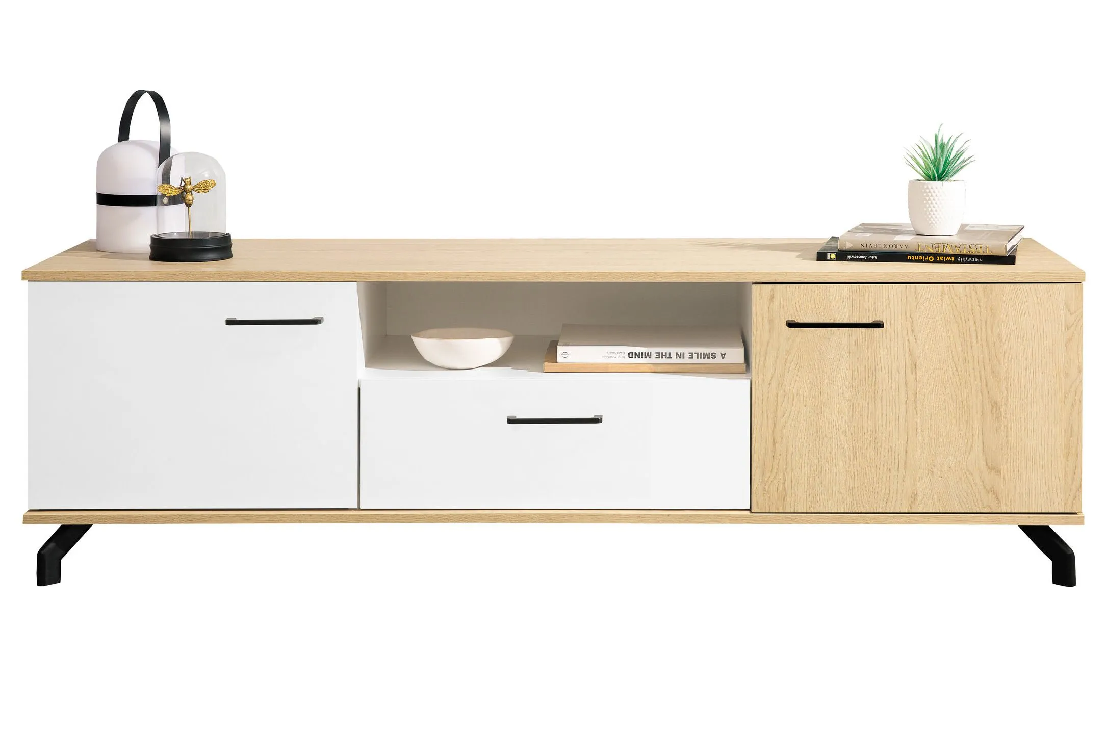 TV-Unterschrank Riemst 07, Farbe: Eiche / Weiß - Abmessungen: 49 x 160 x 50 cm (H x B x T)