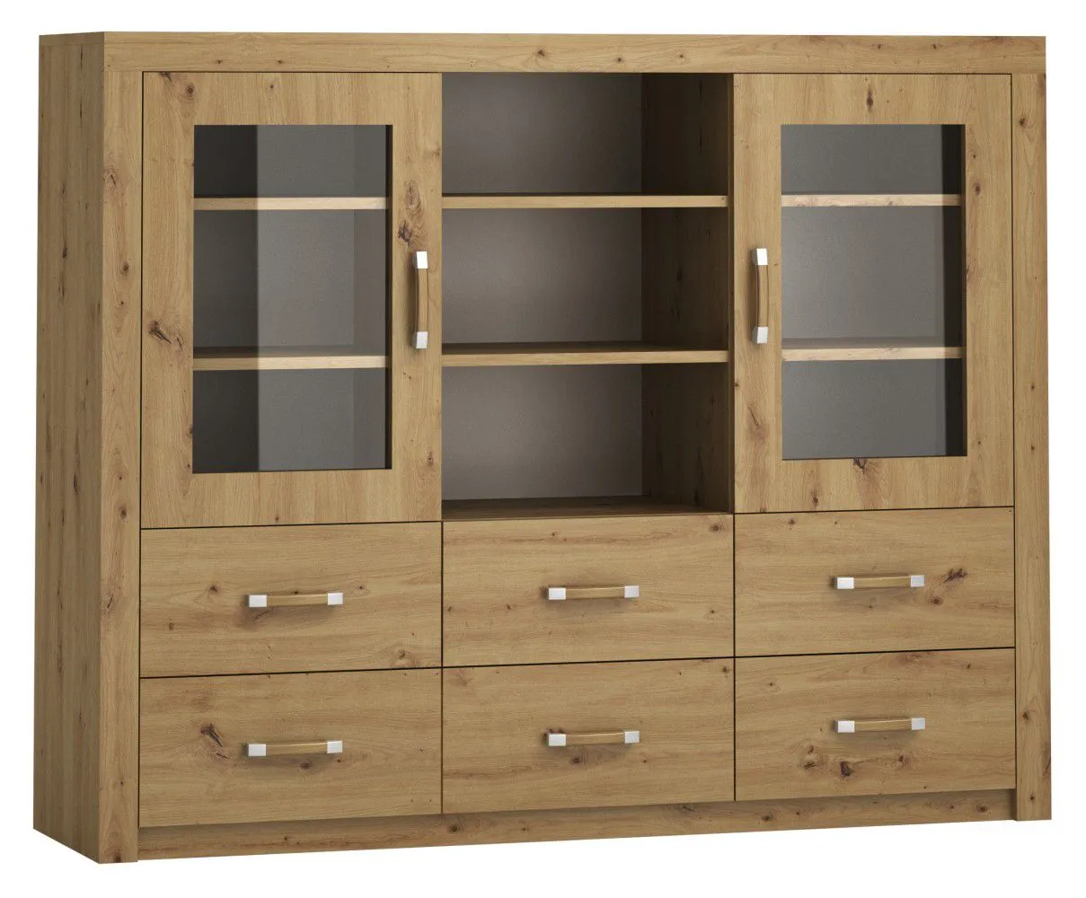 Vitrine Vanimo 17, Farbe: Eiche - Abmessungen: 125 x 156 x 42 cm (H x B x T)